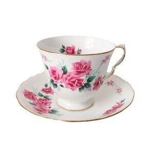 Teacup and Saucer Vintage Queen Anne Fine Bone China England Pink Roses